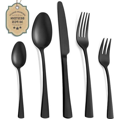 30-teiliges Besteckset für 6 Personen - Edelstahl, matt schwarz - Messer, Gabel, Löffel - Spülmaschinenfest. (1/5)