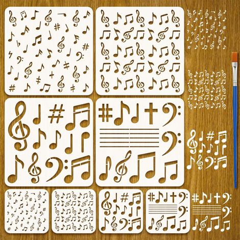 8Pcs Pochoir Notes de Musique Avec Pinceau 30/15cm Motif Musical Symboles Musicaux Pochoirs pour Peinture Murale Bois Tissu Meubles Décoration D'Intérieur (1/5)