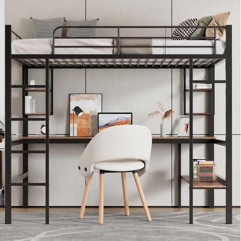 90x200cm Bettgestell Metallbett, Eisenbett mit Schreibtisch, Hochbett mit vier kleinen Regalen und einem großen Bücherregal für Kinder, Jugendliche und Erwachsene, schwarz (1/5)