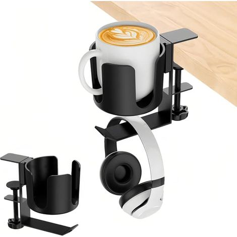 Porte-tasse de bureau - Support pour casque audio rotatif à 360° 2 en 1 pour tasses de 530 à 1200 ml, avec pince anti-déversement (1/5)