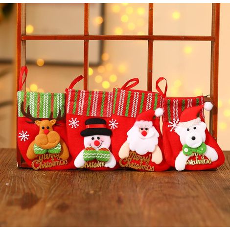 4 chaussettes de Noël traditionnelles, chaussettes de Noël décoratives, chaussettes de Noël, pendentifs (hauteur 16 cm, largeur du fond 12 cm, bouche environ 10 cm) - chaussettes logo Or (père + bonho