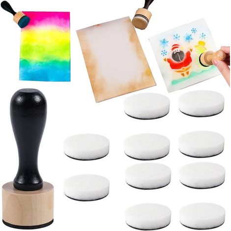 Tampons en bois pour scrapbooking 7,8 x 3 cm - pinceau et 10 mousses blanches (1/5)