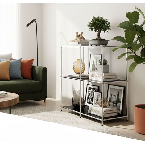 Karat – Étagère ouverte en métal chromé 78 × 40 × 82 cm – 3 tablettes – Finition mate noire – Stable avec pieds réglables