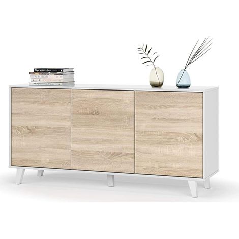 Aparador 3 puertas Alcontar en blanco brillo y roble canadian 75 cm(alto)154 cm(ancho)41 cm(largo)