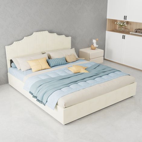 Lit coffre 160x200 cm en tissu beige, rangement intégré pour chambre, sans matelas FloraGrace (1/5)