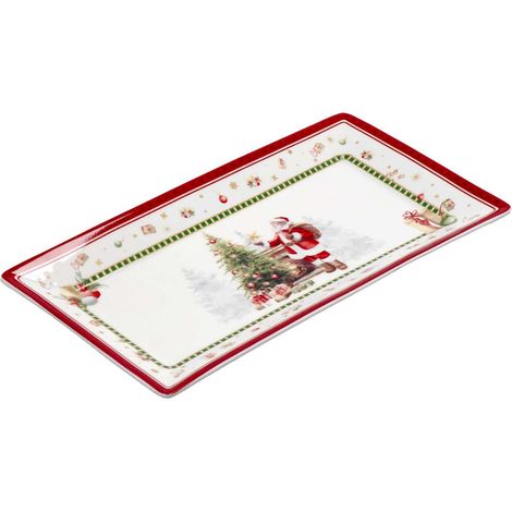 Regalo Italiano Piatto Rettangolare di Natale Porcellana 26 x 14 Cm Rosso Bianco