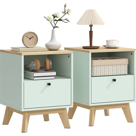 Lot de 2 tables de chevet, tables de nuit avec tiroir et compartiment ouvert, 40 x 40 x 55 cm, chêne et vert clair (1/5)