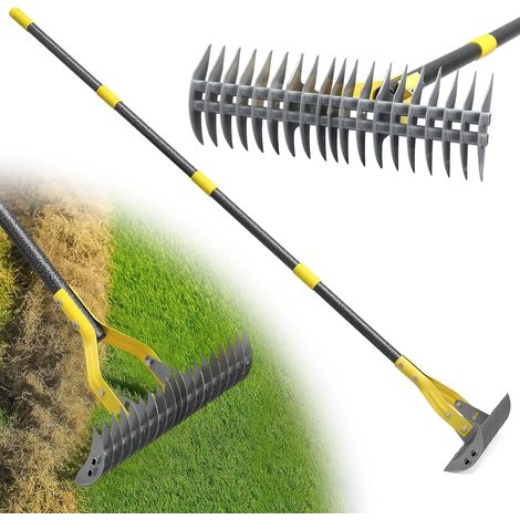140cm Heavy Duty Stainless Steel Garden Rake with Long Adjustable Handle and Sharp Blade - Multifunctional Straw Rake with 19 Teeth Double Layer for Weeding, Fertilizing Lawn/Grey (1/3)