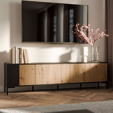 Meuble télé noir et bois 200cm - 4 portes - Polo (1/4)