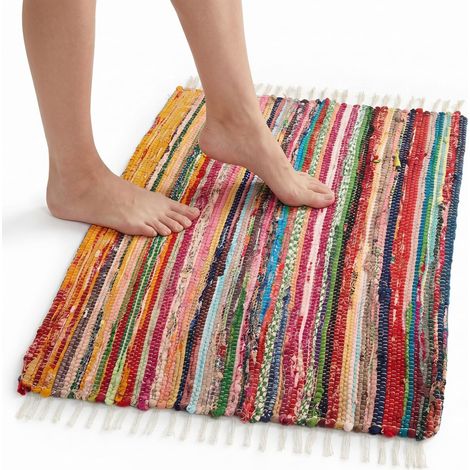 Tapis d'Entree Interieur 50x80 cm Coton Recyclé Fait Main - Tapis Poil Court Bohème Multicolore - Tapis Salon Coloré Lavable Chambre Cuisine Entrée (1/5)