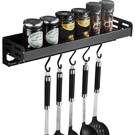MINKUROW Gewürzregal, Wandmontiertes Küchenutensilien-Aufbewahrungsregal mit 5 Haken, Wandmontage ohne Bohren, Aluminium, rostfrei, schwarz, 40 cm (1/5)