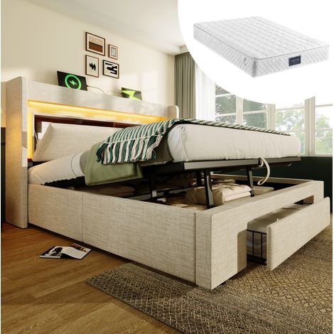 Bettgestell 140x200 cm Beige in Leinen mit Stauraum, LED-Beleuchtung, USB-C und Matratze inklusive (1/5)