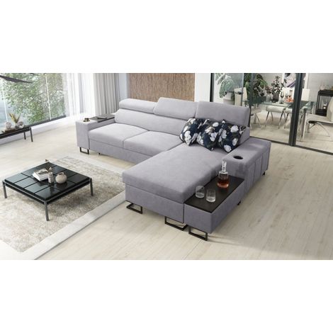 Luxuriöses, komfortables, modernes Ecksofa MELODY I MINI mit Usb und Regal Sawana Lila Rechts (1/5)