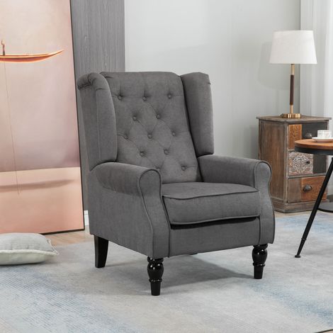 Pour salon et bureau - Fauteuil style français, large assise matelassée, accoudoirs et rembourrage, pieds bois, gris foncé (1/5)