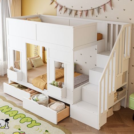 Lit superposé enfant 90x200cm bois sécurisé escalier rangement tiroirs gain de place chambre garçon fille -Blanc (sans Matelas) (1/5)