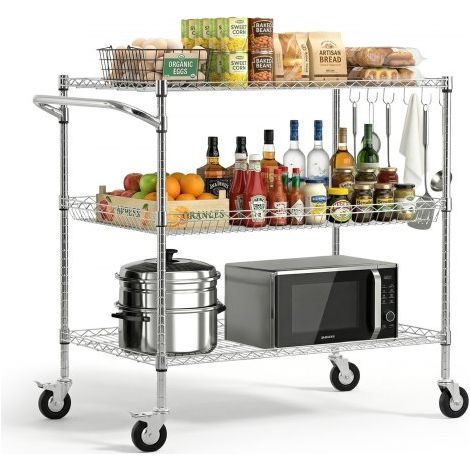 Küchenwagen mit 3 Ebenen, Schwerlast-Servierwagen bis 454 kg, Rollwagen mit Höhenverstellbaren Drahtablagen und Griff, Metallregal auf Rollen für Küche, Garage & Waschküche, 1016 x 635 x 1040 mm (1/5)