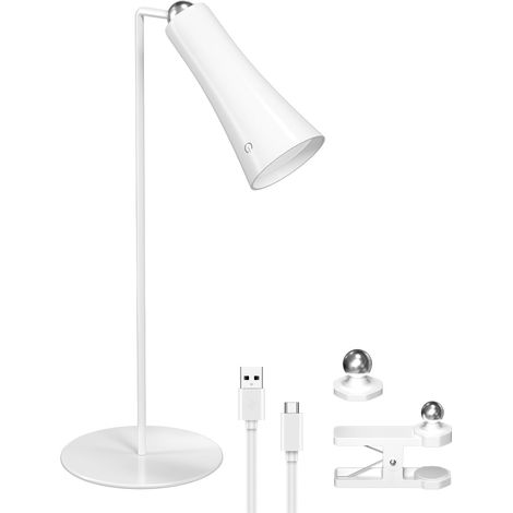 4-in-1 magnetische LED-Schreibtischlampe, kabellos über USB wiederaufladbar, 3 Farbmodi und dimmbar, 360° verstellbar zum Lesen, Büro, Nachttisch, Clip-/Wandmontage, Taschenlampe (weiß)