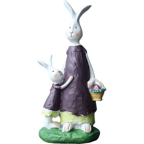 Figuritas de resina que representan a una coneja madre y su conejito bebé (conejitos de Pascua), sosteniendo zanahorias y vistiendo atuendos a juego. (1/5)