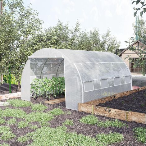 Serre tunnel de jardin 3,97 x 3 x 2 m blanche pour potager, couverture anti-UV, porte zippée, 8 fenêtres, structure en acier galvanisé - CHICFURN (1/5)