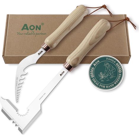 Set de 2 Désherbeurs Manuels Couteau Désherbeur Manuel en Acier Traité, Manches en Bois de Frêne, Idéal pour Jardins et Pelouses, Élimine avec Précision et Efficacité Mauvaises Herbes et Racines (1/5)