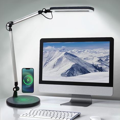Lampe de Bureau avec Chargeur Sans Fil, Lampe de Table D'architecte LED Puissante avec 3 Températures de Couleur, Dimmable Luminosité Réglable, Contrôle Tactile, Protection des Yeux