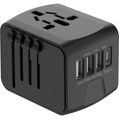 Universeller internationaler Reiseadapter mit 3 USB- und 1 USB-C-Anschluss, 1500 W, französischer Stecker für USA, Kanada, Großbritannien, EU, Australien, China und Japan (1/5)