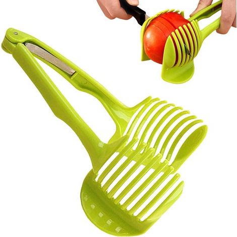 Coupe-tomates multifonction 18,5 x 8 cm avec pince, coupe-pommes de terre et légumes, lame intégrée et protection des doigts, vert (1/5)