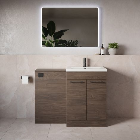 Napoli 390 Brown Oak 1100mm 2 Door Vanity Unit Toilet Suite with Glide Basin - 1100mm - Matt Black 160mm HandleWithout Kingston Toilet Pan