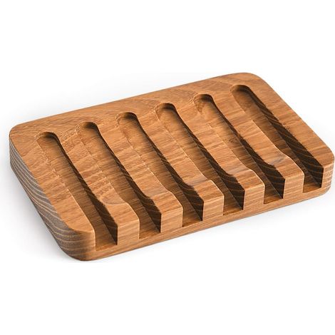 Porte-savons en bois pour salle de bain/douche, porte-savon avec bac d'égouttage intégré, égouttoir naturel effet cascade, lot de 2, teck (1/5)
