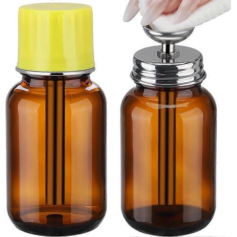 Deux flacons distributeurs en verre ambré de 120 ml avec bouchons, flacons d'alcool en verre à bouton-poussoir, noyau en cuivre, compatibles avec les matériaux PFA/LDPE. (1/5)