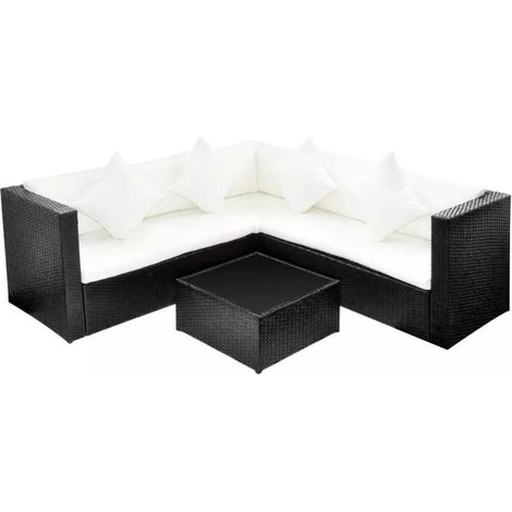 Salon de jardin 3 pièces résine tressée noir et coussins blanc Kim 2 (1/4)