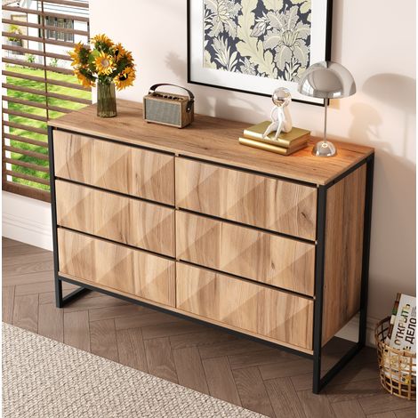Buffet 6 tiroirs 120 x 40 x 80 cm en panneau de particules et MDF, noir et bois HAVRYA (1/5)