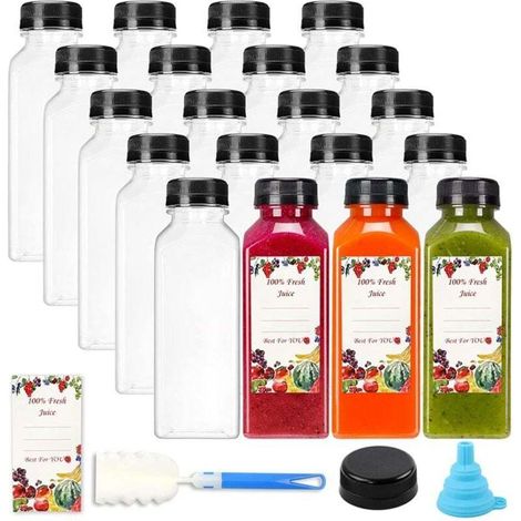 20 Bouteilles Plastique Réutilisables 12 Oz Transparentes avec Bouchons Noirs Inviolables pour Jus et Eau (1/4)