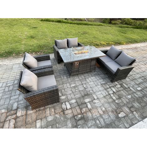 Fimous Wicker PE Rattan Garden Furniture Sets 6 Seater Patio Outdoor Gas Firepit Dining Table Heater Set with Double Seat Sofa Dark Grey Mixed (1/5)