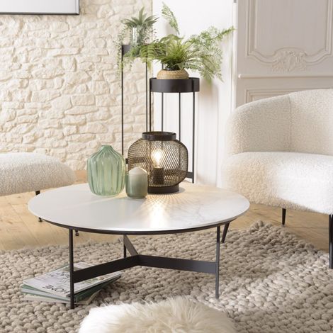 DALY - Table basse ronde 78x78cm plateau effet marbre piètement métal (1/5)