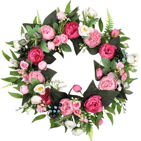 Couronne de pivoines artificielles en tissu soyeux, belle fleur résistante à la décoloration pour porte, décoration murale de mariage, Style rose (1/5)