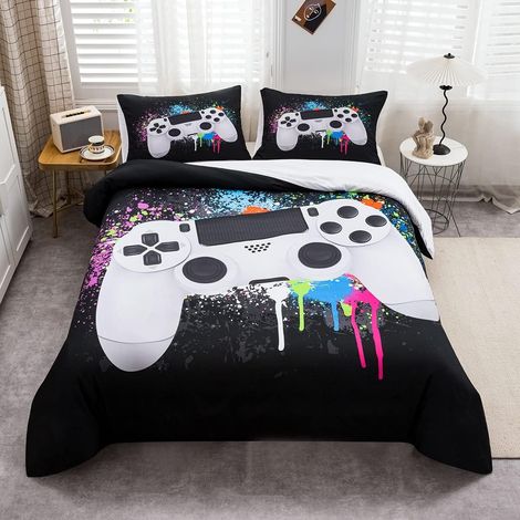 Gamepad Housse de Couette Garçons Gamer Ensemble de Literie 240x260cm Blanc Jeu Vidéo Gamepad Lits Ensemble pour Ados Enfants Chambre Décor Coloré Cravate Couleur Moderne Contrôleur de Jeu - 240x260cm (1/5)