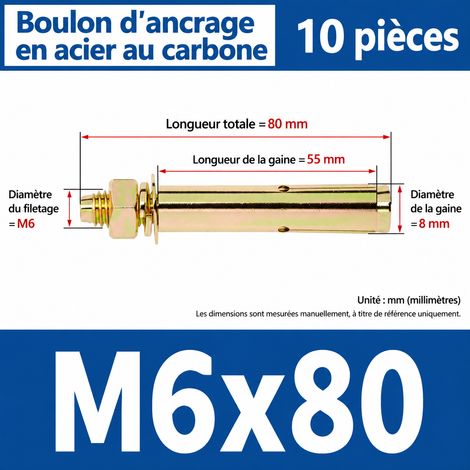 Goujon d'ancrage cheville métallique M6x80 mm lot de 10 m6 80 10 pièces 1 kg – Livraison gratuite