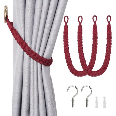 Lot de 2 embrasses de rideaux en corde de coton naturel - Style bohème élégant - Décoration pour drapé - Cordons doux tissés à la main avec crochet métallique pour décoration de maison et (1/5)