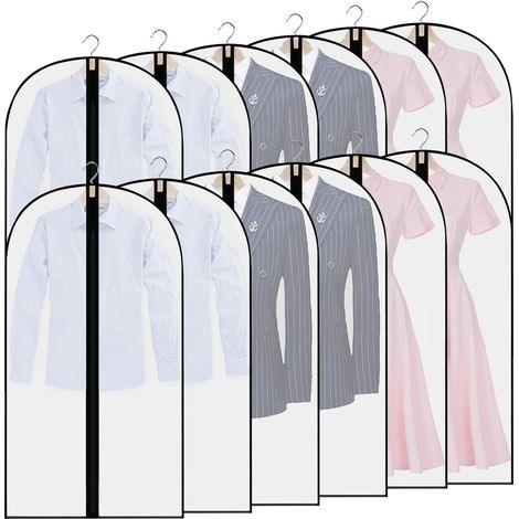 12 Stück Kleidersäcke, transparente Kleiderhüllen zum Aufhängen mit Reißverschluss, Anzughülle, Kleiderschutz für Mäntel, Kleider, Hemden (schwarz) (1/5)