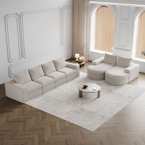 Canapé en chenille avec éléments incurvés et méridienne, entièrement compressé et sans cadre, canapé d'angle modulable avec méridienne, canapé compressé en mousse, ensemble deux pièces