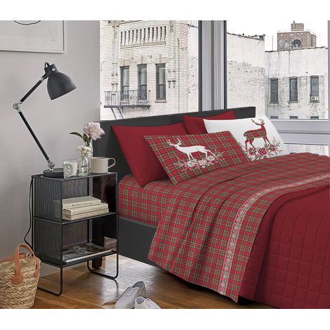 Completo Letto Stampato Made In Italy 100 % Cotone Set Lenzuolo Sopra Sotto Federe Tartan Rosso - Una piazza e mezza