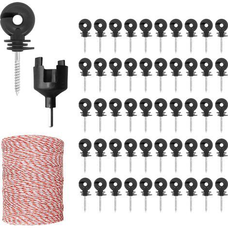 Corde de clôture électrique + isolateur annulaire + aide au vissage, fil de clôture électrique, 6 NIRO, câble électrique blanc/rouge (200 m) (1/5)