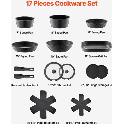 Batterie de cuisine, 17 pcs, ensemble de casseroles et poêles à induction avec revêtement anti-adhésif, poignée amovible et couverc… (1/5)