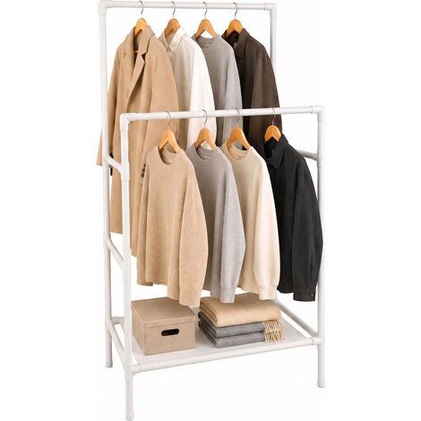 Perchero Relaxdays, 2 barras con repisa, sistema de montaje, 157 x 85 x 46 cm, metal y tela, blanco (1/5)