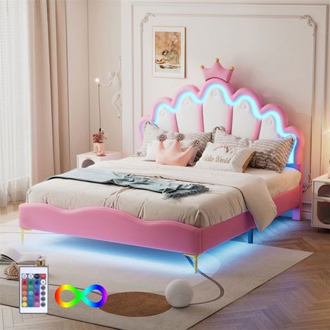 Lit rembourré princesse 140x200 cm en cuir PU rose avec LED réglable - 2 places, sommier inclus