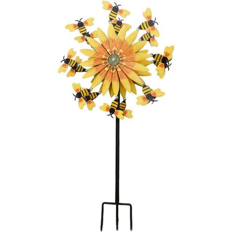 Molino de viento decorativo de metal con diseño de girasol y abejorro, estaca cinética para jardín. (1/5)