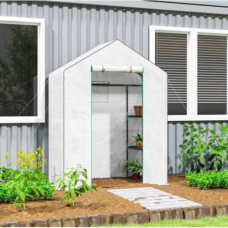 Serre de jardin avec porte enroulable, fenêtre et étagères 143 x 74 x 190 cm acier blanc (1/5)