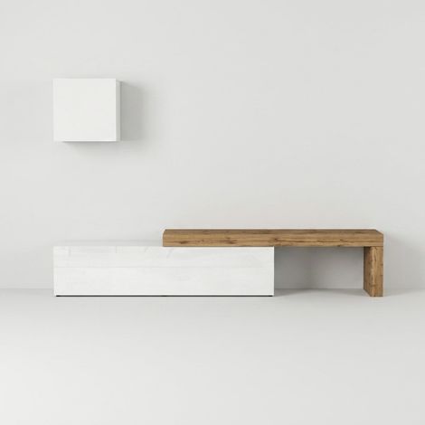 Mueble de salón moderno con soporte para TV y armario colgante Chronos n°19 - Blanco