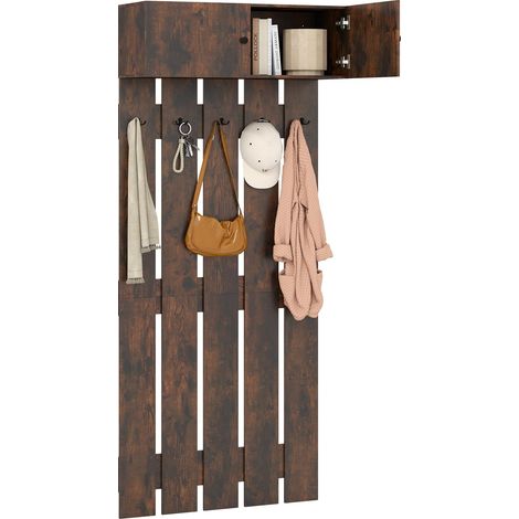 COSTWAY Appendiabiti da Parete per Ingresso, Attaccapanni in Legno con 5 Ganci Doppi e Armadietto a 2 Ante, Mensola Salvaspazio per Camera da Letto, Soggiorno e Cucina, 90 x 33 x 210 cm (Marrone) (1/5)